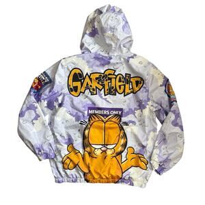 Members Only Garfield & Odie Purple Full Zip Windbreaker Hoodie Jacket Size L